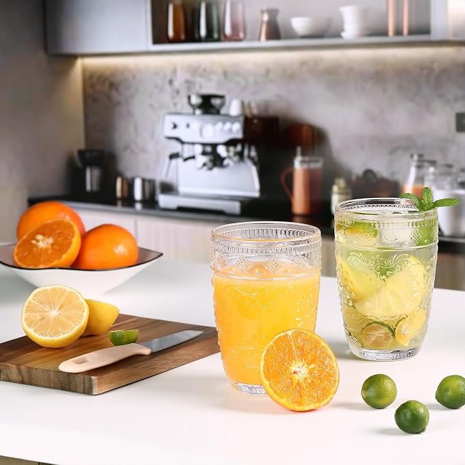 abrwyy Clear Glasses Drinking Set, 14oz Water Glasses, Vintage Glassware | Dishwasher Safe, Non-Slip, Lead-Free Glass, Home Decoration