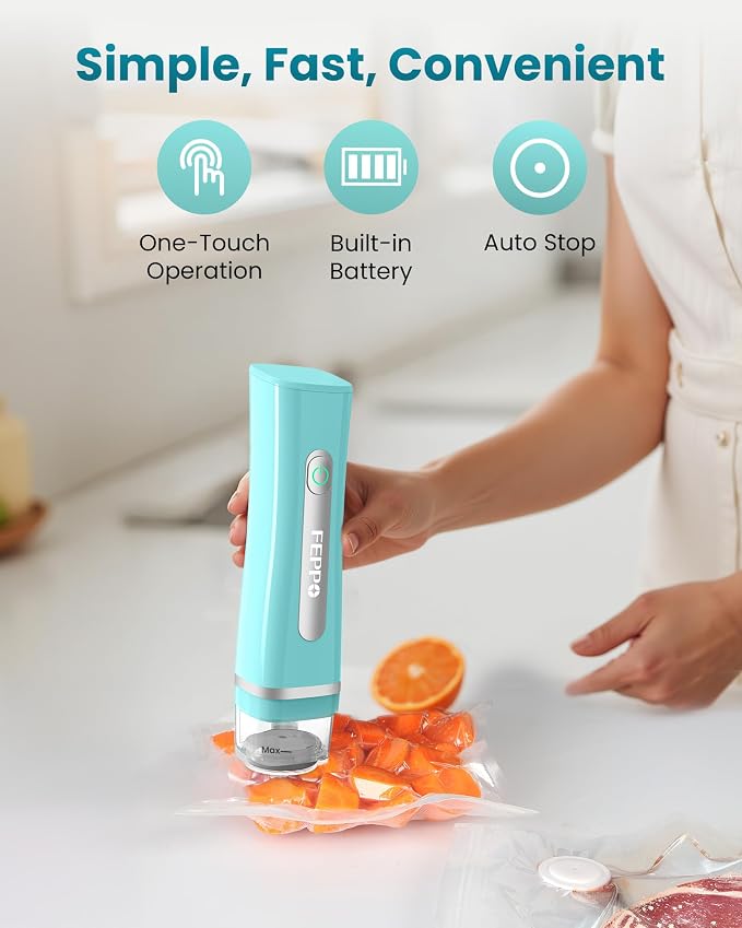 FEPPO Vacuum Sealer for Food with Visible Water Tank, Handheld Saver Compact Vacuum Sealer Machine with 30 Reusable Bags for 6X Preservation & Fresh, Teal