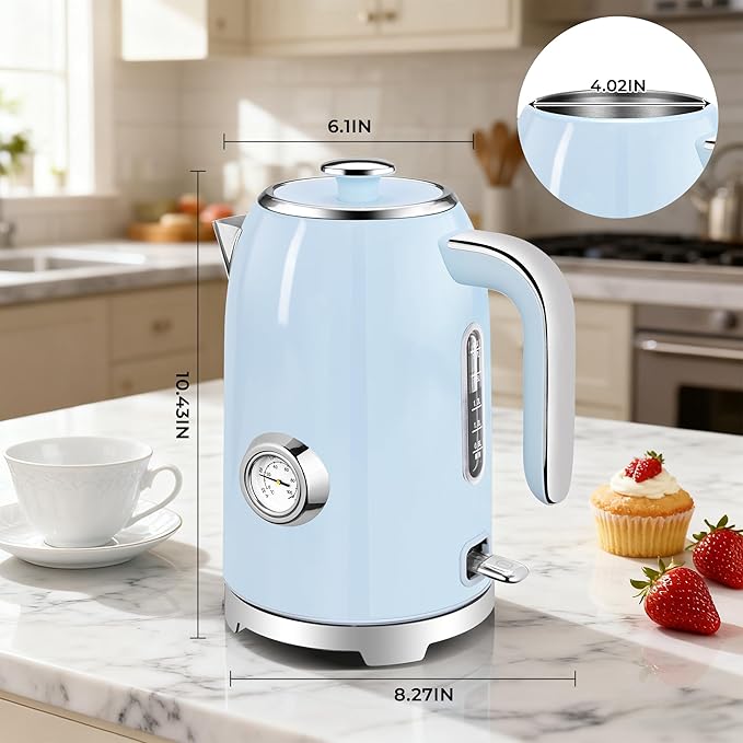 SUSTEAS 57oz Electric Kettle with Thermometer, Hot Water Pot, Blue | Electric Tea Kettle for Boiling Water, 1500W Stainless Steel Pot, Cordless LED Indicator, Auto Shut-Off & Boil Dry Protection