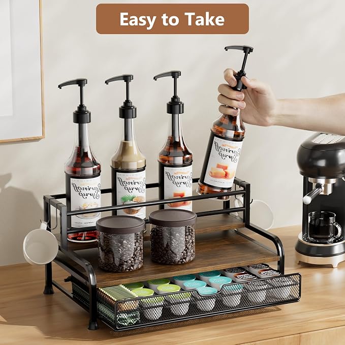Coffee Syrup Rack Organizer, with Anti-Fall K-Cup Pod Holder Drawer | Black Metal Rack for 8 Syrup Bottles, Countertop Bottle Holder Stand for Wine, Space-Saving Design for Kitchen Cafe Station