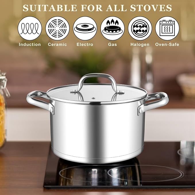 Leonyo 6QT Stock Pot with Lid, Stainless Steel Cooking Stockpots Induction | Visible Lid & 3-Ply Base for All Stoves, Heat-conducting & Heavy-Duty