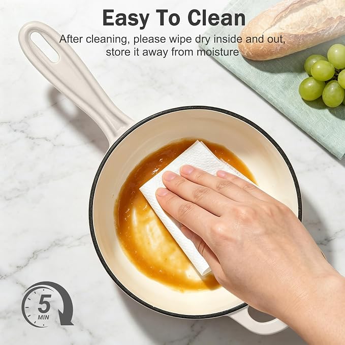 Enameled Cast Iron Sauce Pan with Lid, 1 Quart Saucepan with Lid | Dutch Oven with Lid, Small Cast Iron Pot for Cooking Pasta, Soup, Milk, Induction & Oven Safe Up to 500°F, Caramel White