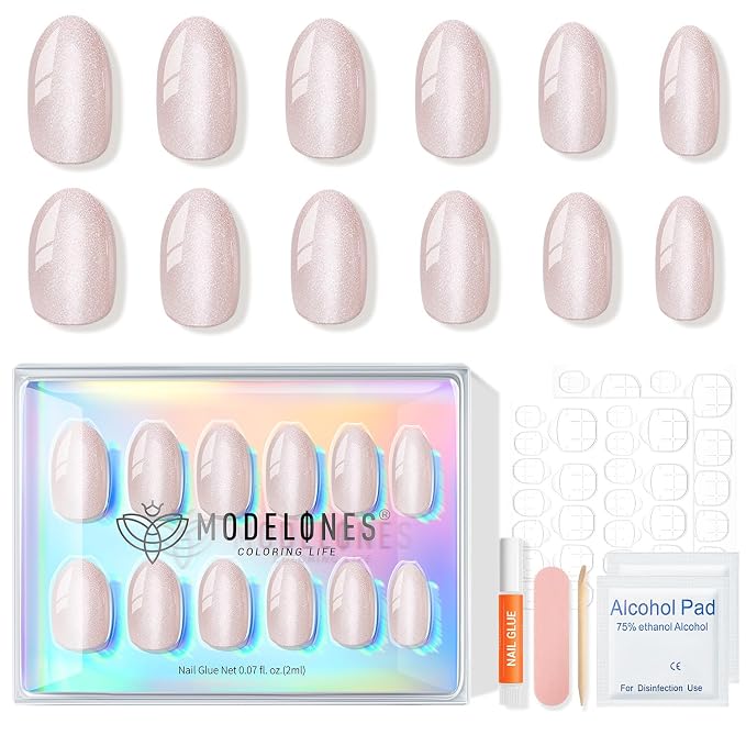 modelones Cat Eye Press on Nails, Short Oval Fake Nails Kit Nails Press Ons | with Nail Glue, Adhesive Tabs, Nail File, Prep Pad, Manicure Stick, 32Pcs 16Sizes, Summer Women Girl Gift