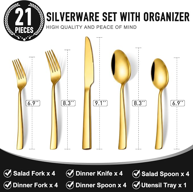 21Pcs Stainless Steel Gold Silverware Set with Organizer Eating Utensil Set | Heavy Duty Kitchen Dish Cutlery Sets for 4 Forks Spoons and Knives Set Tableware Dinnerware Flatware Set Dishwasher Safe