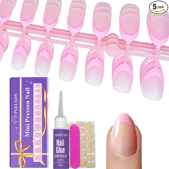 120Pcs Pink French Tip Press On Nails for Kids, 5 Pack Almond False Nails | Kids Press on Nails for 8-12, Non-Toxic, 12 Size, Fashion Nail Kit with Adhesive Tabs, Nail File, for Every Outfit