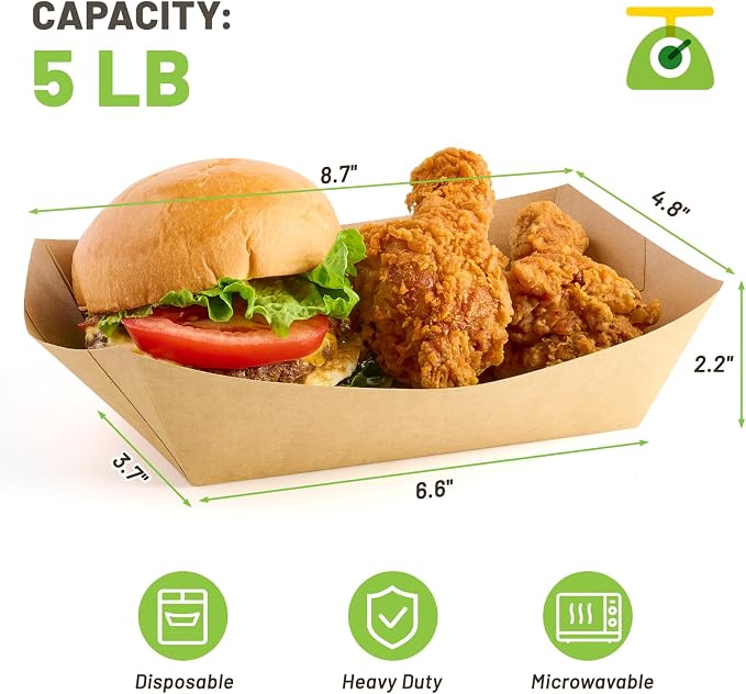 ZORRITA Extra Large Paper Food Trays, 5 LB, 50 Pack | Disposable, Kraft Paper, Nacho Trays, Food Boats, Party Serving Baskets, For Sandwiches Burgers Popcorns Snacks