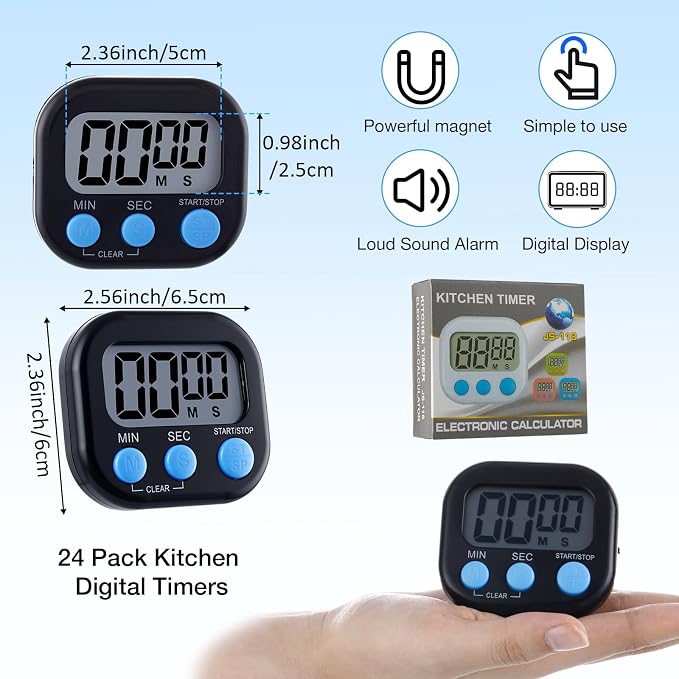 Leumoi 24 Pack Multi-Function Digital Timers with Magnetic Back, Large LCD Display, Loud Alarm, Count up & Countdown, Memory Function for Cooking, Classroom, Study, Exercise & Work(Black and Blue)