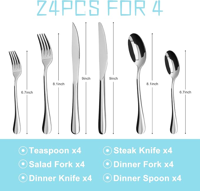 Silverware Set,32 piece Siverware Set with Serving Utensil Set,Stainless Steel Knives Spoon Forks Set for Home, Kitchen, Restaurant,Dinner,Mirror Polished& Dishwasher Safe