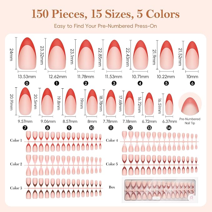 PEACECOLOR French Tip Press On Nails Kit - 150Pcs Long Almond 5 Colors Nail Tips Gel Nail Kit with U V Light Base & Top Coat Starter Kit Nail Glue Full Set Fake Nails DIY Gift for Women Girls Home