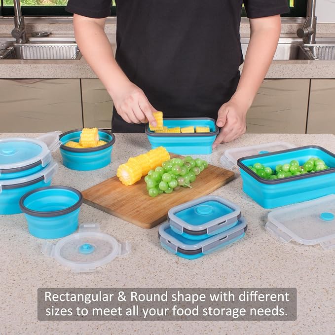 8 Pack Collapsible Food Storage Containers with Lids, Silicone Collapsible Food Containers, Collapsible Storage Containers Sets for Snack Camping RV, Microwave Freezer Dishwasher Safe, Blue