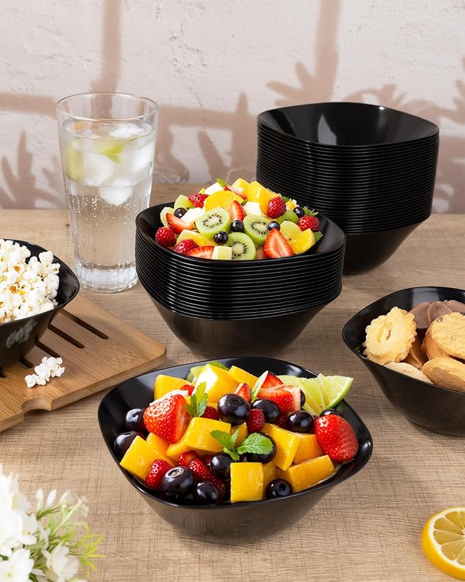 bUCLA 50 Pack Black Plastic Serving Bowls - 16oz Disposable Bowls for Dessert/Ice Cream/Salsa/Snack/Candy, Ideal for Party & Graduation