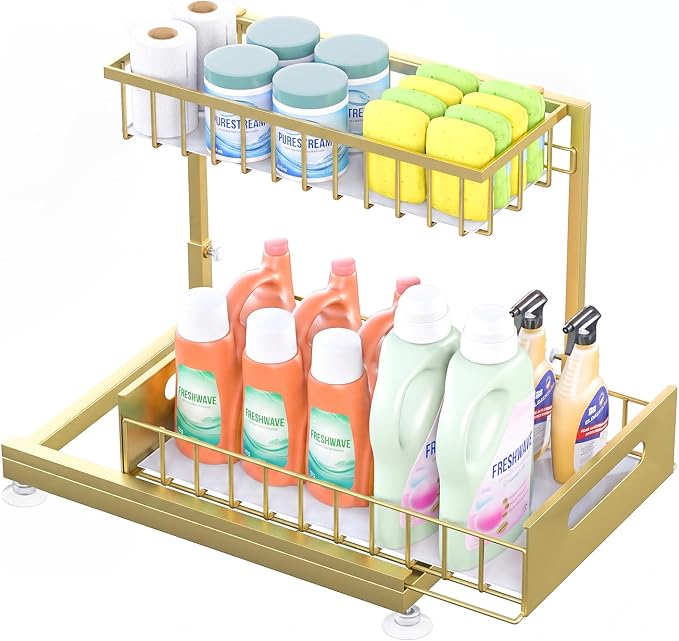L-Shaped Under Sink Organizer, 2-Tier Pull-out Cabinet Rack 1-Pack | Gold Height-Adjustable Steel Rack, Sliding Grid Drawers with PP Liners, Holds 100 Lbs, Suction Base, Ideal Kitchen Storage