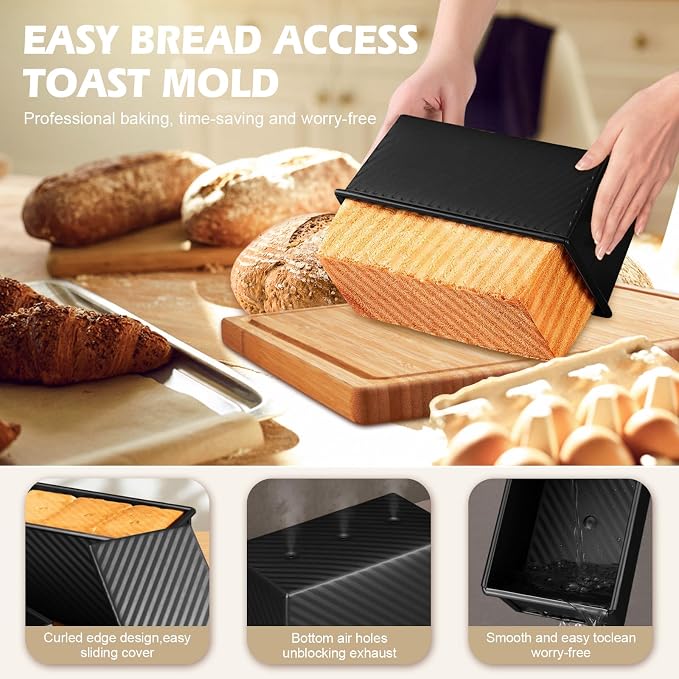 2.2lb Pullman Loaf Pan with Lid, Nonstick Carbon Steel Square Bread Pan for Baking Shokupan, Sandwich, Pain de Mie & Sourdough – Includes 6 Bonus Tools