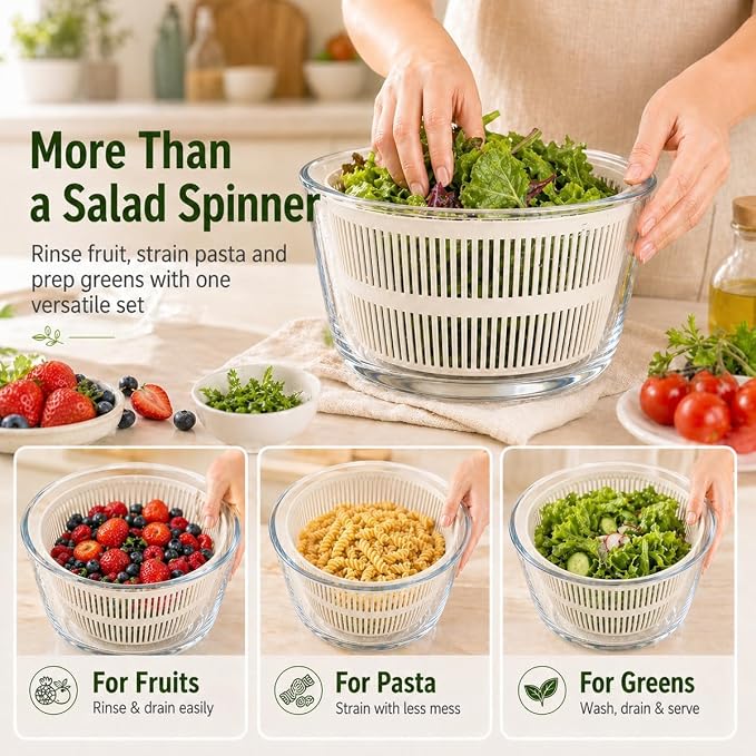 Glass Salad Spinner 3.2 Qt, Small Salad Spinner, Glass Bowl, White | Removable Lid, Storage Lid, Dishwasher-Safe Glass Bowl, Fruit & Vegetable Washer Dryer, Drain Spout, Crank Handle