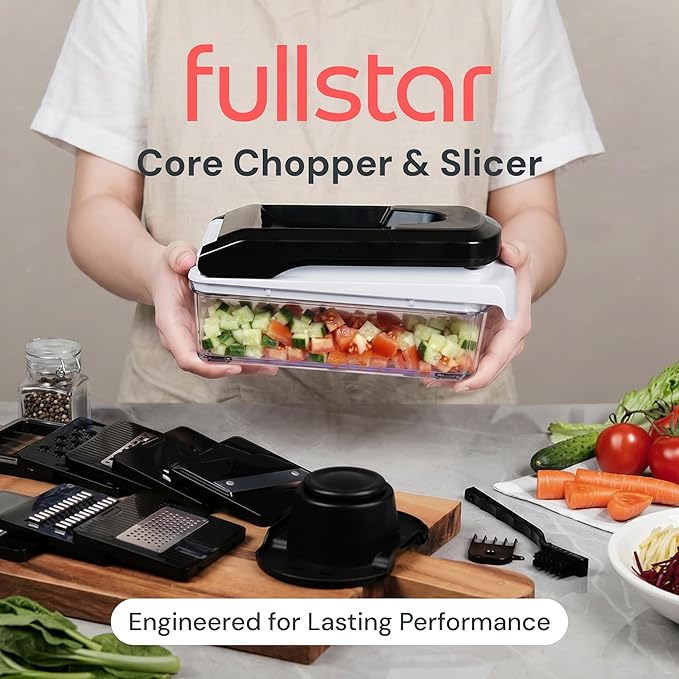 Fullstar Pro Core Vegetable Chopper & Mandoline Slicer, Meal Prep Essential | 9 in 1 Veggie Slicer, Onion & Fruit Slicer with Julienne, Grater & Dicer Stainless Steel Blades + Container (White)