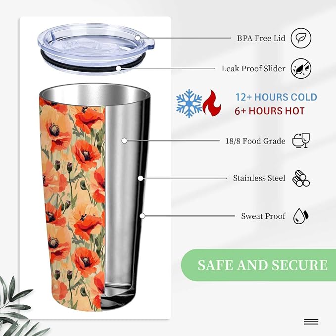Orange Poppy Floral Tumbler 20 oz Stainless Steel Insulated Travel Mug with Lid and Straw, Flower Coffee Tumbler Cup for Hot Cold Drinks, Botanical Floral Gifts for Women