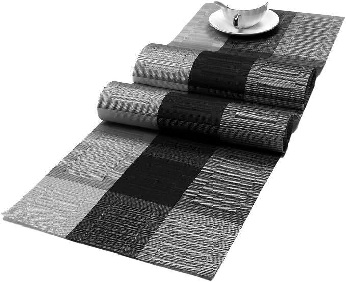 SHACOS Table Runners Woven Vinyl PVC Table Runners 12 x 90 inch Wipeable Heat Resistant Runner for Tables Countertop Indoor Outdoor, Bamboo Ombre Black and Gray