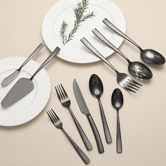 Large Hostess Serving Utensils Set, Stainless Steel Heavy Duty Hammered Serving spoons, Slotted Spoons, Serving Fork, Cake Server, Butter Knife, Dishwasher Safe（Black）