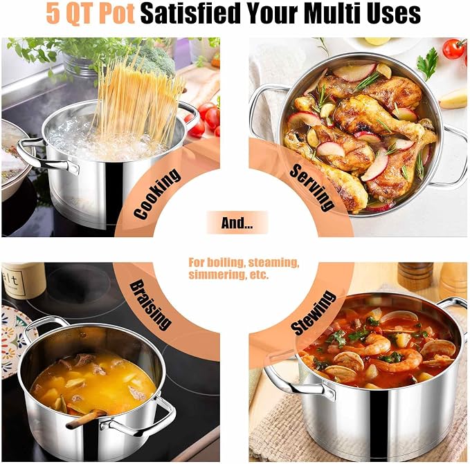 P&P CHEF 5 Quarts Stock Pot with Lid, Stainless Steel Stockpot for Cooking | Cooking Pot for Soup, Pasta, Tri-Ply Bottom for Induction, Gas, Ceramic, Glass Lid & Double Handle, Dishwasher Safe