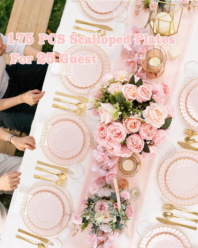 YOUBET 175PCS Pink Scalloped Plastic Plates for Party Wedding Baby Shower | Pink and Gold Disposable Dinnerware Set Include 50 Plates, 75 Gold Silverware, 25 Cups, 25 Napkins