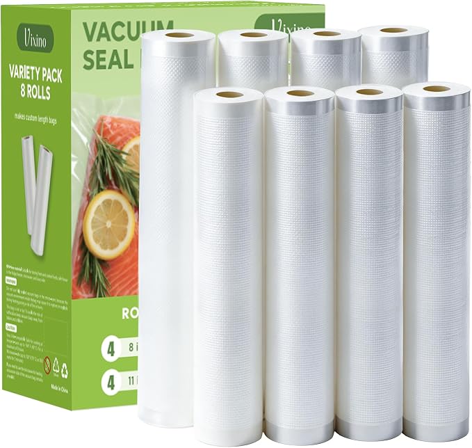 Vixino Vacuum Sealer Bags for Food, 8 Pack 4 Rolls 11" x 20' + 4 Rolls 8" x 20' Commercial Grade Vacuum Seal Bags Rolls, BPA Free, Customizable Size for Sous Vide, Freezer