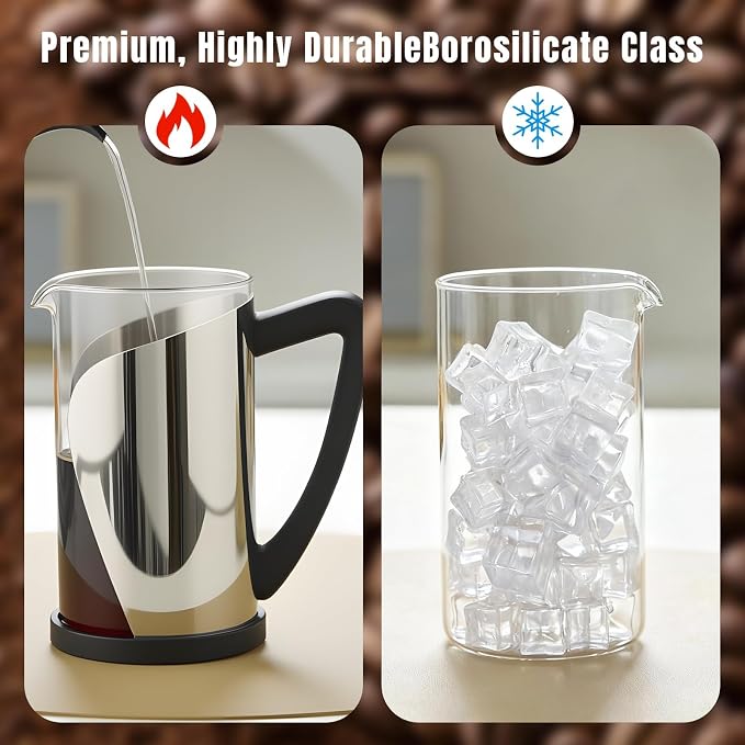 KYZ Glass French Press Coffee Maker, 20 fl oz Carafe, Stainless Steel Mesh | Four-stage filtration filters grounds; borosilicate glass handles -20°C to 150°C for coffee, cold brew and loose leaf tea