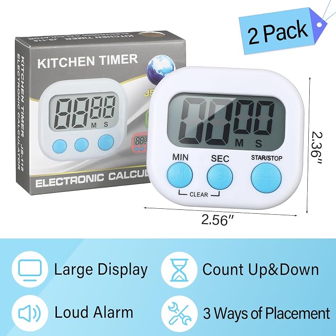 Weewooday 2 Pcs Digital Kitchen Timer Magnetic Timer Bulk On/Off Switch Minute Second Count up Countdown Loud Alarm for Exercise Cook Baking (White)