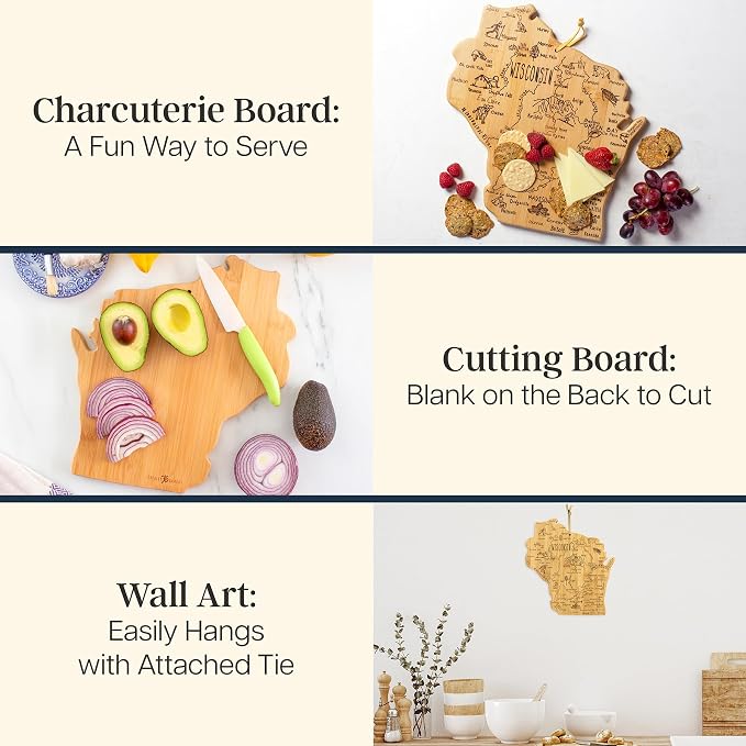 Totally Bamboo Destination Wisconsin State Shaped Serving and Cutting Board, Includes Hang Tie for Wall Display | State charcuterie serving board with engraved map artwork. Smooth reverse side for food prep. Hang tie for wall display.