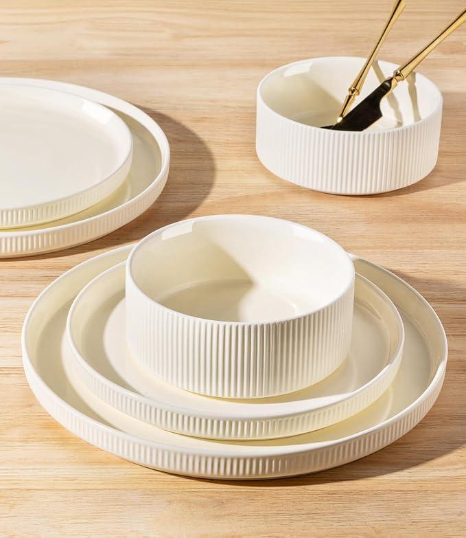 Ceramic Dinnerware Set for 4, 16-Piece Plates and Bowls Set | Lightweight Porcelain Dish Set, Scratch Resistant, Oven & Microwave & Dishwasher Safe, Beige