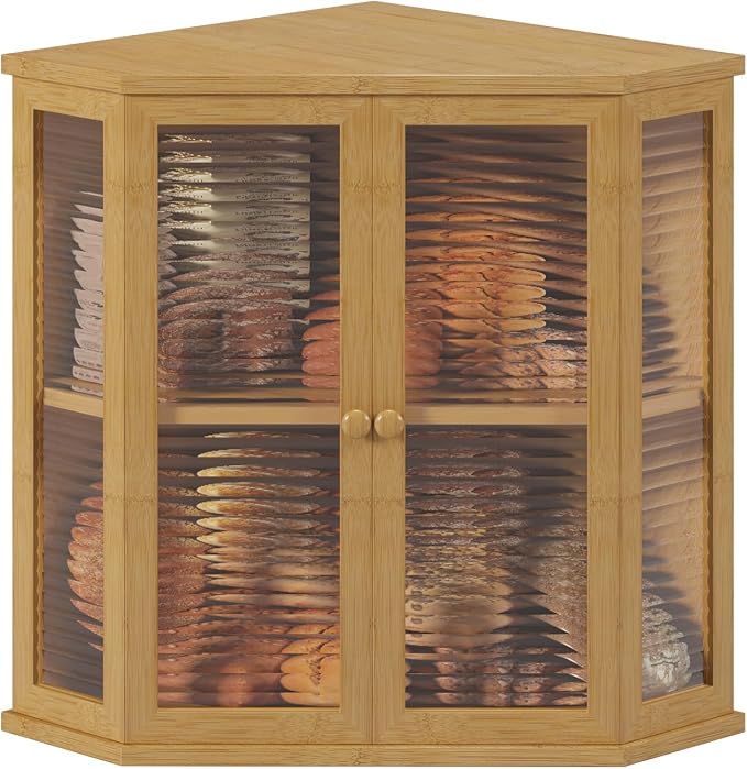 Extra Large Corner Bread Box for Kitchen Countertop, 16.5 inch Bamboo Double Layer Bread Storage with Glass Wavy Door Panel, Eco-Friendly and Stylish Design(Bamboo)