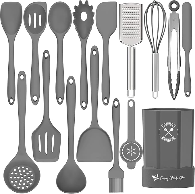 Silicone Kitchen Utensils Set, 16-Piece Silicone Cooking Utensils by Deedro | Heat Resistant Kitchen Tools Set with Holder, Nonstick Spatula Kitchen Gadgets for Cooking & Baking, Gray