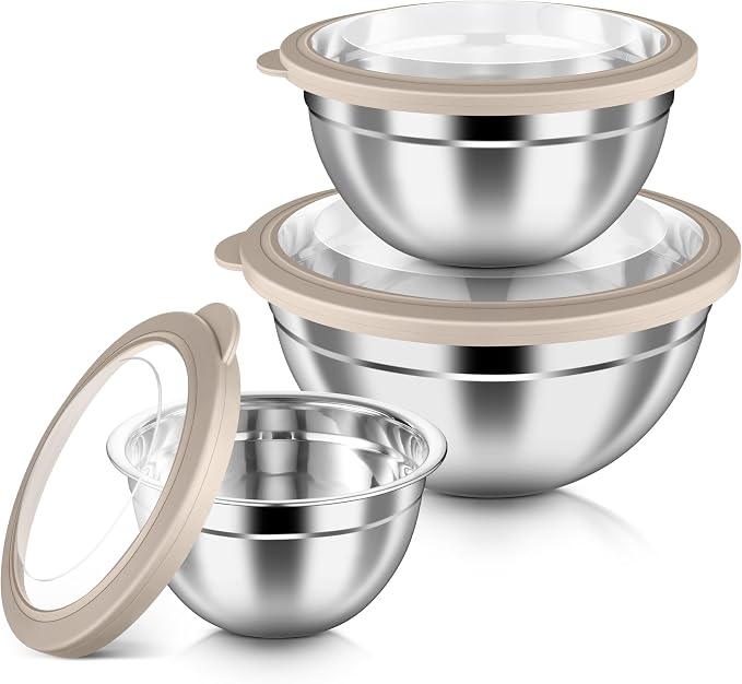 HaWare Mixing Bowls with Clear Airtight Lids, Stainless Steel Nesting Bowls | 6-Piece Metal Salad Bowl for Cooking, Prepping, Baking, Serving & Food Storage, Size 4.6, 3, 1.5QT, Khaki