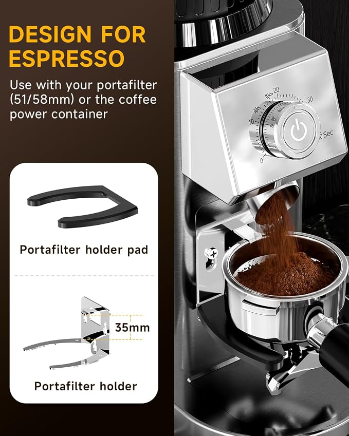 IAGREEA Coffee Grinder for Home Use, Conical Burr Espresso Grinder 48 Grind | 450RPM Low-Speed Anti-Static, Precision Timer For Drip, French Press, Cold Brew, No Mess, Metallic Silver