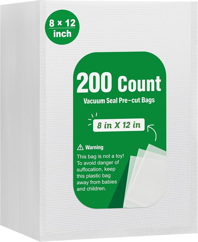 Syntus 200 PCS Vacuum Sealer Bags, Quart Size 8" x 12" Precut Seal Bags | BPA Free, Single-Side Textured, Microwave Sous Vide Cooking, Prevent Freezer Burn, 4mil Thick, Works with Most Vacuum Sealers