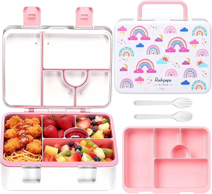 rockpapa 5.5 Cups Bento Lunch Box for Kids, 5-Compartment, Rainbow | BPA-Free, Leak Proof, with Utensils & Handle, Microwave Safe, Dishwasher Safe, for School, Picnic, Boys, Girls