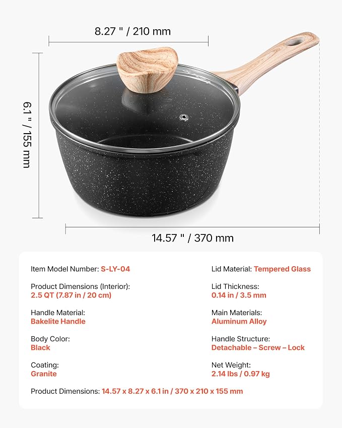 VEVOR 2.5 QT Saucepan, Nonstick Saucepan with Tempered Glass Lid, Multipurpose Cooking Sauce Pot with Detachable Handle, Sauce Pan Small Kitchen Cooking Pot with Coating, Induction Compatible, Black