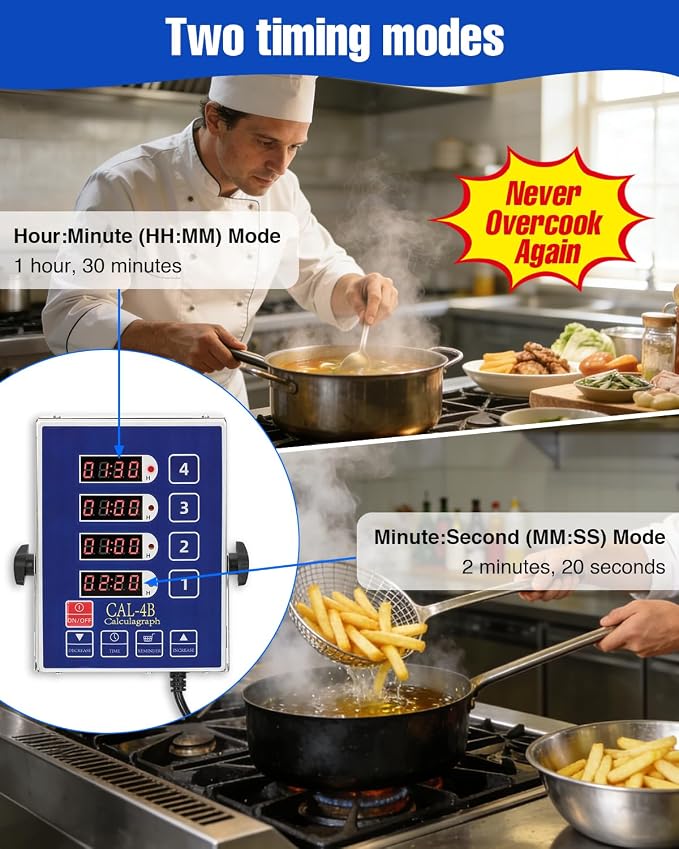 Commercial Kitchen Timer for Cooking, 4 Channel Timer Restaurant Kitchen Supplies, Heavy-Duty Timer - Stainless Steel | Digital LED Technology | Reminder Function | Loud Alarm