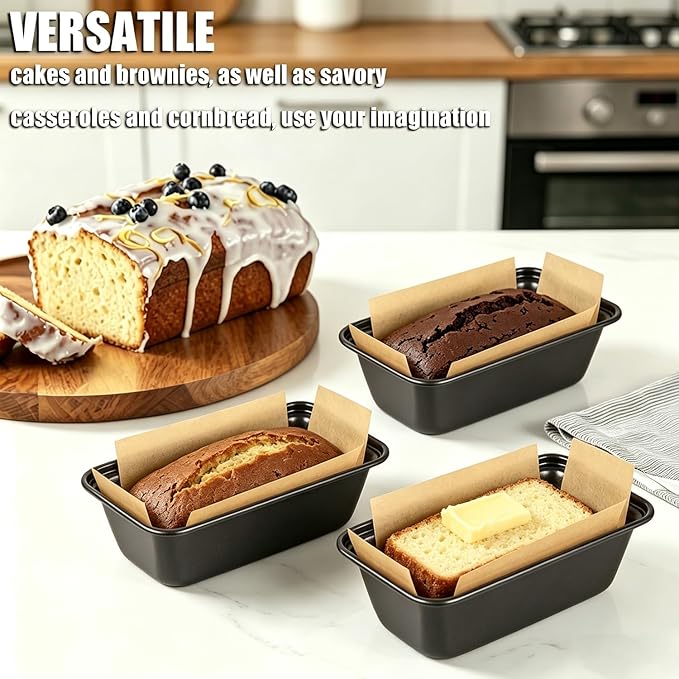 3 PCS Mini Loaf Baking Pans Set, 6 x 3.3 x 2 Inch Carbon Steel Rectangle Bakeware with 100 Parchment Liners for Baking Toast, Cakes, Small Banana Breads, Black Gray Colors