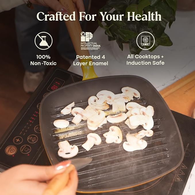 CUMIN CO. Enameled Cast Iron Grill Pan 10 Inch, 1.2 QT Grill Skillet – Non Toxic PFAS Free Cookware – 4 Layer Enamel Coated – Indoor Grill Pan for Steak, Chicken, Burgers & Vegetables (Mustard)