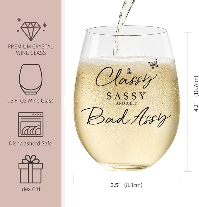 Funny Gifts for Women – Classy Sassy Cute Wine Glass 15oz, Dishwasher Safe | Fun Birthday Present for Friends, Sister, Coworkers, Neighbor Girlfriend Lovers, Gag Gifts for Woman, Christmas Gift