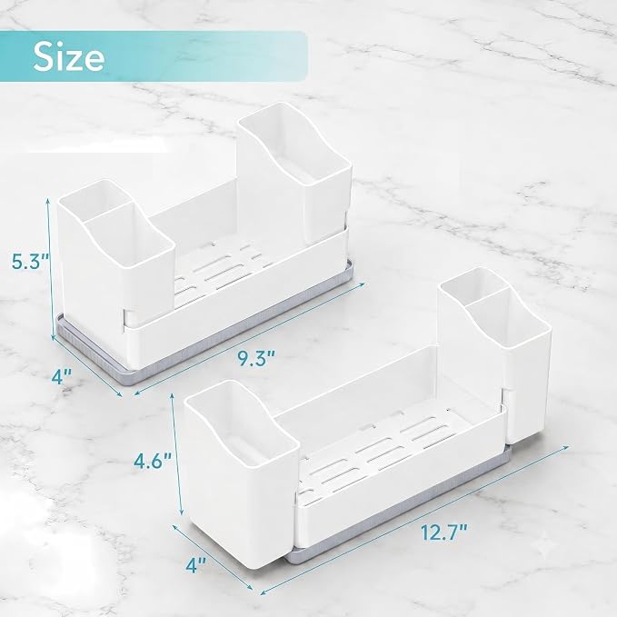 Sponge Holder for Kitchen Sink with Drying Stone, White | Kitchen Caddy Sink Organizer, 2 Removable Cups, Premium ABS, Anti-Slip, 12.7" Sponge and Soap Holder for Kitchen Counter