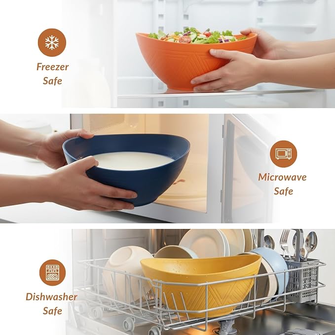 60oz Wheat Straw Bowls Set of 6 Salad Bowls Large Popcorn Bowl Unbreakable Serving Bowls Microwave & Dishwasher Safe Bowl Set Centerpiece Bowls for Kitchen, Party, Decor, Camping (Multi)