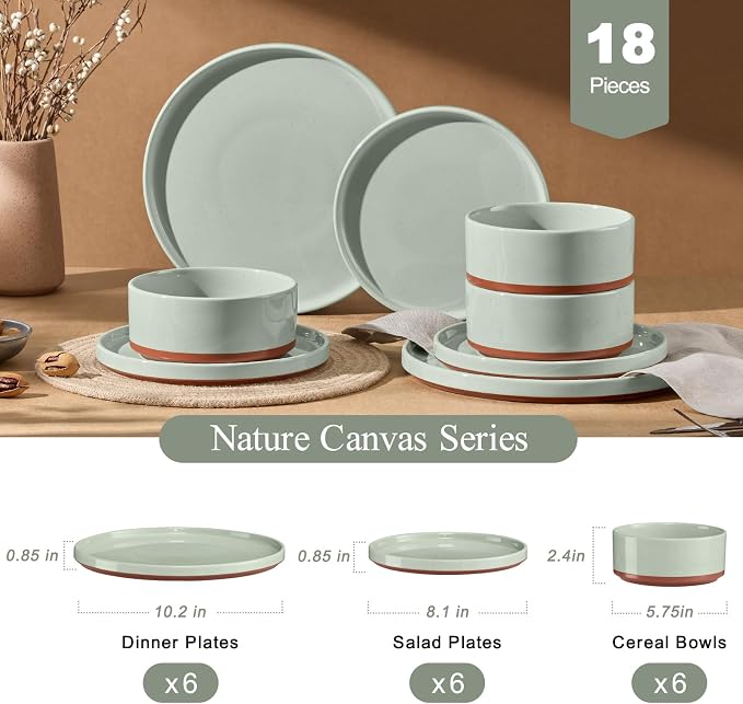 LIANYU 18 Pieces Porcelain Dinnerware Sets, Premium Plates and Bowls Set | High-Fired Ceramic Dishes Set for 6, Chip & Scratch Resistant, Microwave Dishwasher Safe, Laurel Green