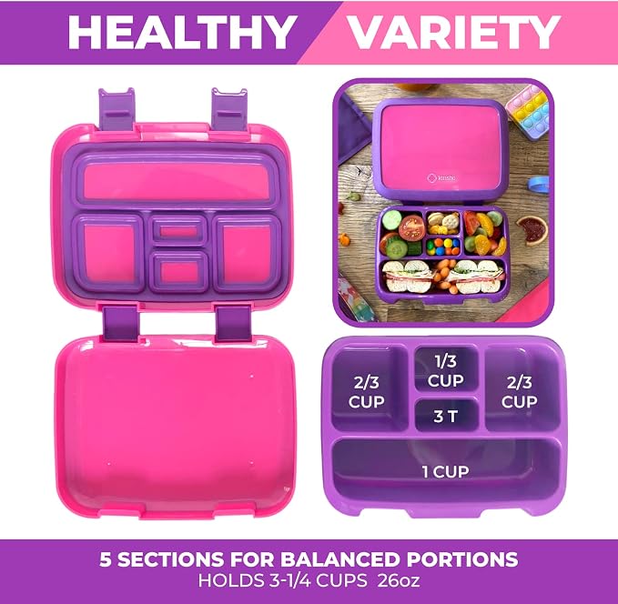 kinsho Bento Lunch Box Container for Kids, Girls Ages 3 to 5, Pink Purple | 5 Portion Sections, BPA-Free Spill-Proof Leakproof Removable Plastic Tray, Snacks and Lunches for Toddlers Pre-School Daycare