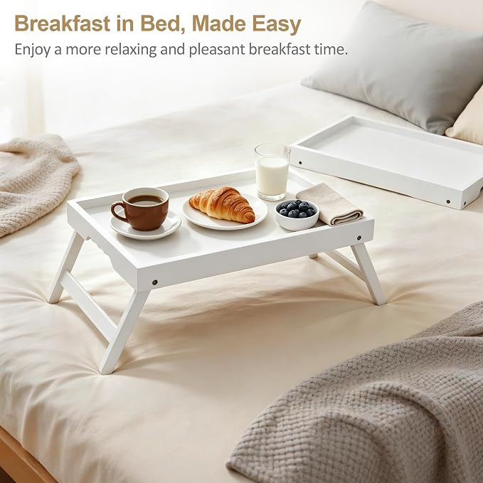 Bamboo Breakfast Trays with Folding Legs, Medium, 2-Pack, White | Set of 2 bamboo bed trays with folding legs and wave handles for meals, laptops and serving in bed or on sofa.