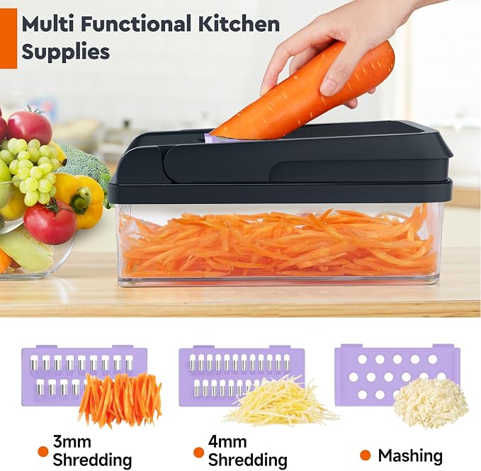 MealHelper 15-in-1 Vegetable Chopper, Food Veggie Chopper With Container | Kitchen Prep Tool, Cheese Grater, Home Essentials & Kitchen Gadgets, with Sharp Stainless Steel Blades(10 Blades, Purple)