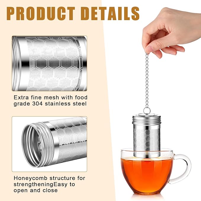 4 Pcs Tea Infuser Strainers for Loose Tea with Scoop, Extra Fine Mesh Steeper 304 Stainless Steel Diffuser Leaf Holder with Extended Chain Hook for Brew, Spices, Seasoning, Silver