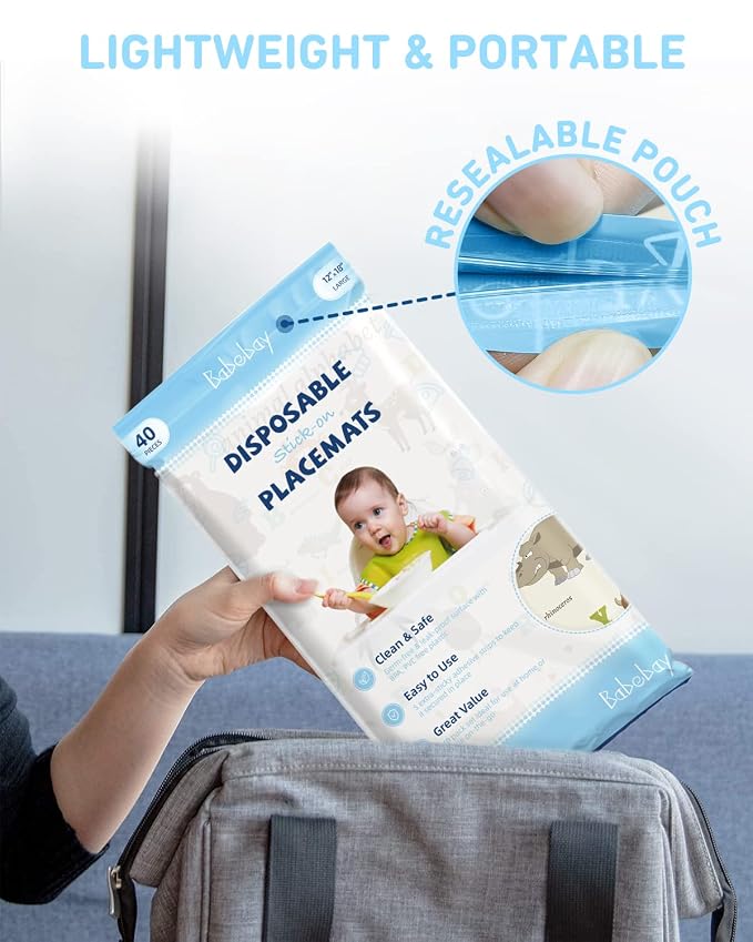 Babebay Disposable Placemats for Baby, 40 Pack Sticky Toddler Placemat for Restaurants, Dining Table, Party, Travel, 12" x 18" with 3 Designs