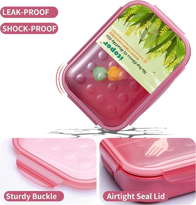 Itopor Bento Box for Kids & Adults, Lunch Box 46 oz / 1400ml, Dusty Pink | Wheat straw material, BPA-free, leakproof, 3 compartments, microwave & dishwasher safe, for school, office & travel
