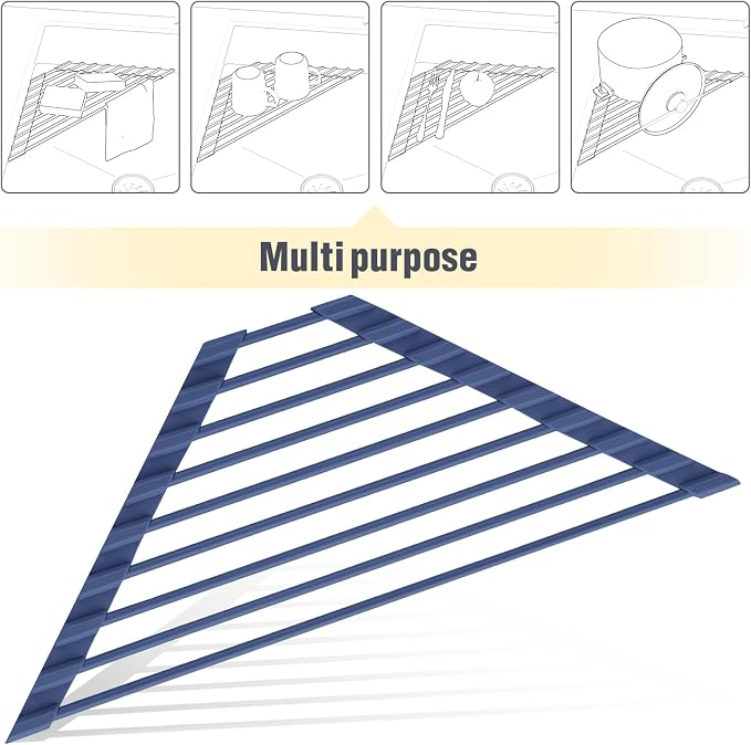 Tomorotec Roll Up Dish Drying Rack with Silicone Coating, Dark Blue | 304 Stainless Steel with BPA-Free Silicone, Triangle Design Maximizes Sink Corner Space, Fits Compact Kitchens And RVs